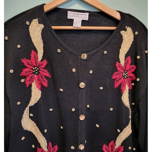 Vtg DressBarn Black Gold Red Embroidered Pointsetta Holiday Cardigan Sweater 24 - Picture 2 of 7